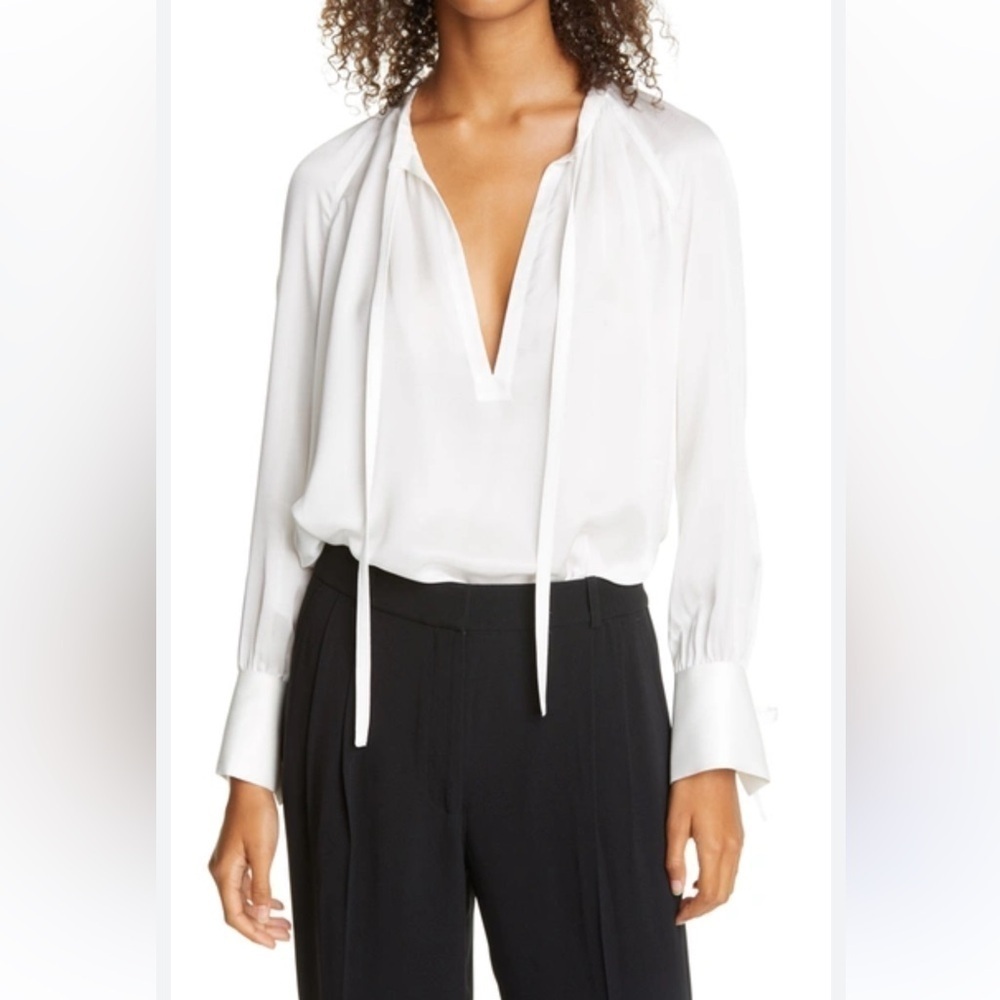 Club Monaco Shirred Tie Detail Blouson Top White Silk sz small - Picture 2 of 14
